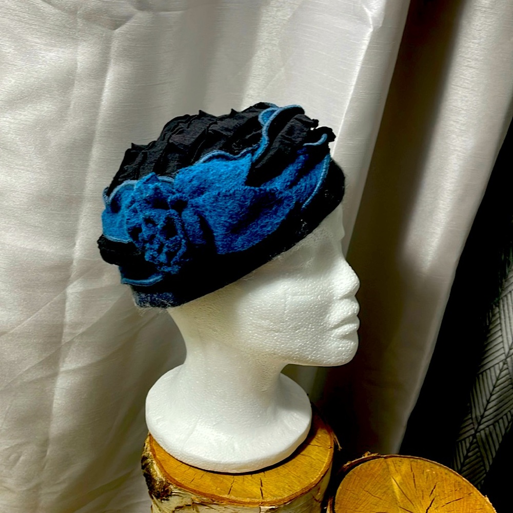 Black, blue, grey wool/cotton hat